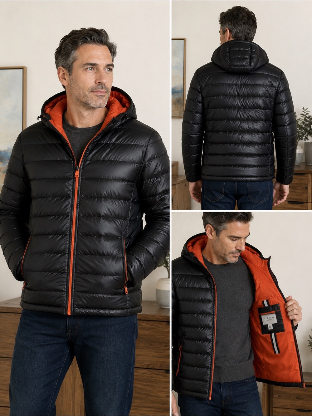 Cole Haan Signature Men’s Black Hooded Puffer Jacket Orange Lining Size Large